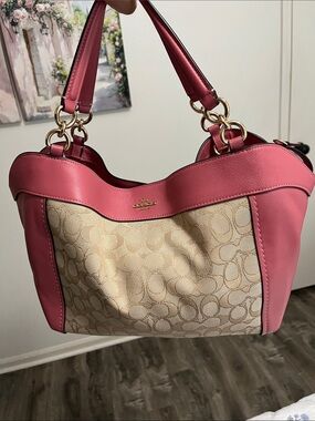 Coach Pink Leather-Trim Signature Canvas Shoulder Bag